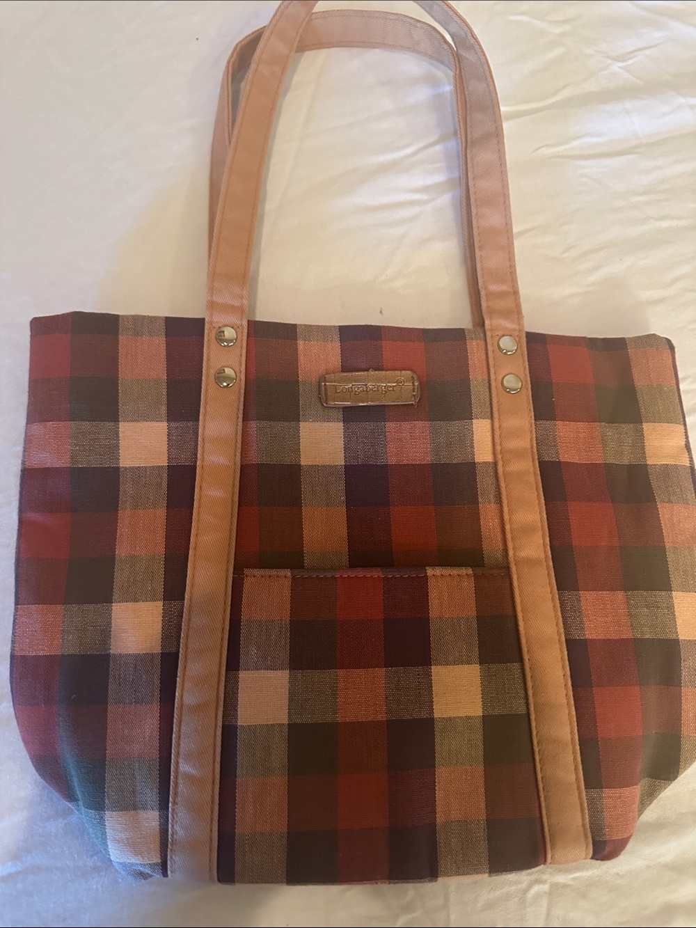 Longaberger Plaid Tote in Red, Brown and Tan Trim